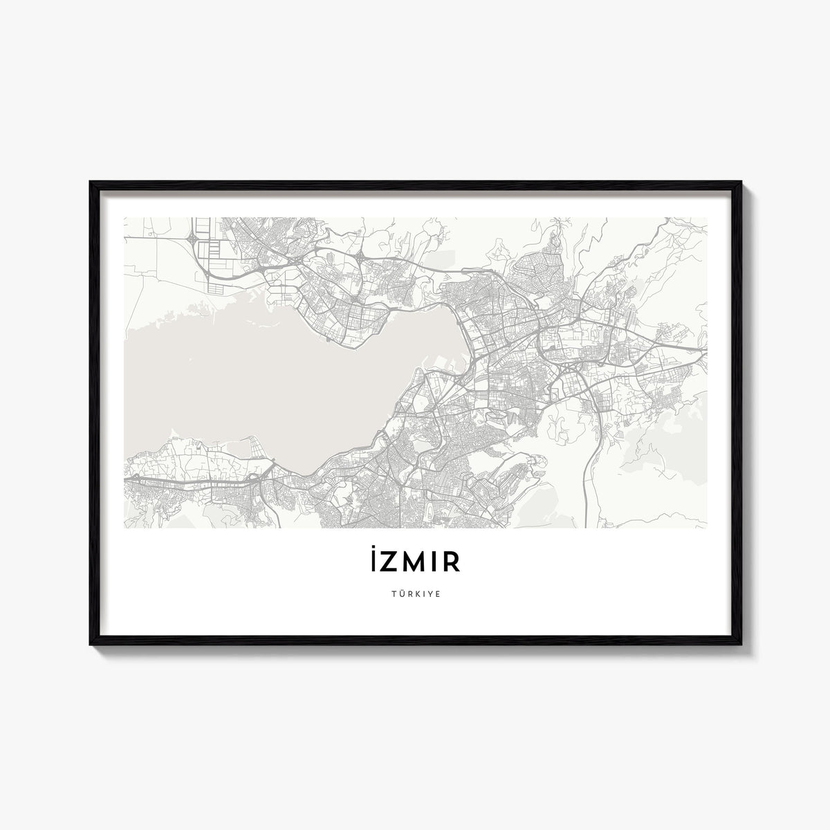 Izmir black & white map poster of Türkiye – horizontal wall art, unframed print shown in interior mockup