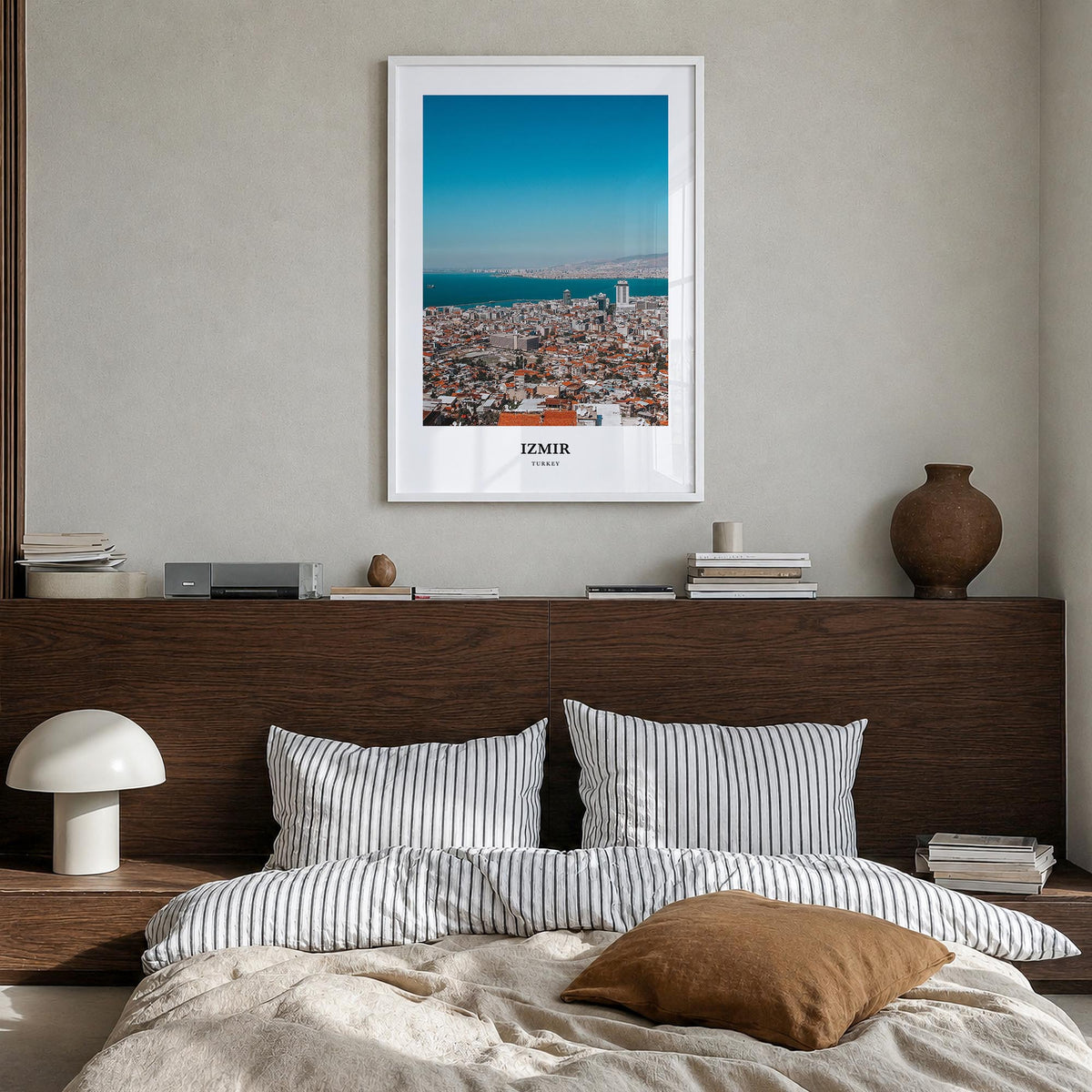 Izmir colorful classic poster of Türkiye – vertical wall art in white wood frame, hanging on wall