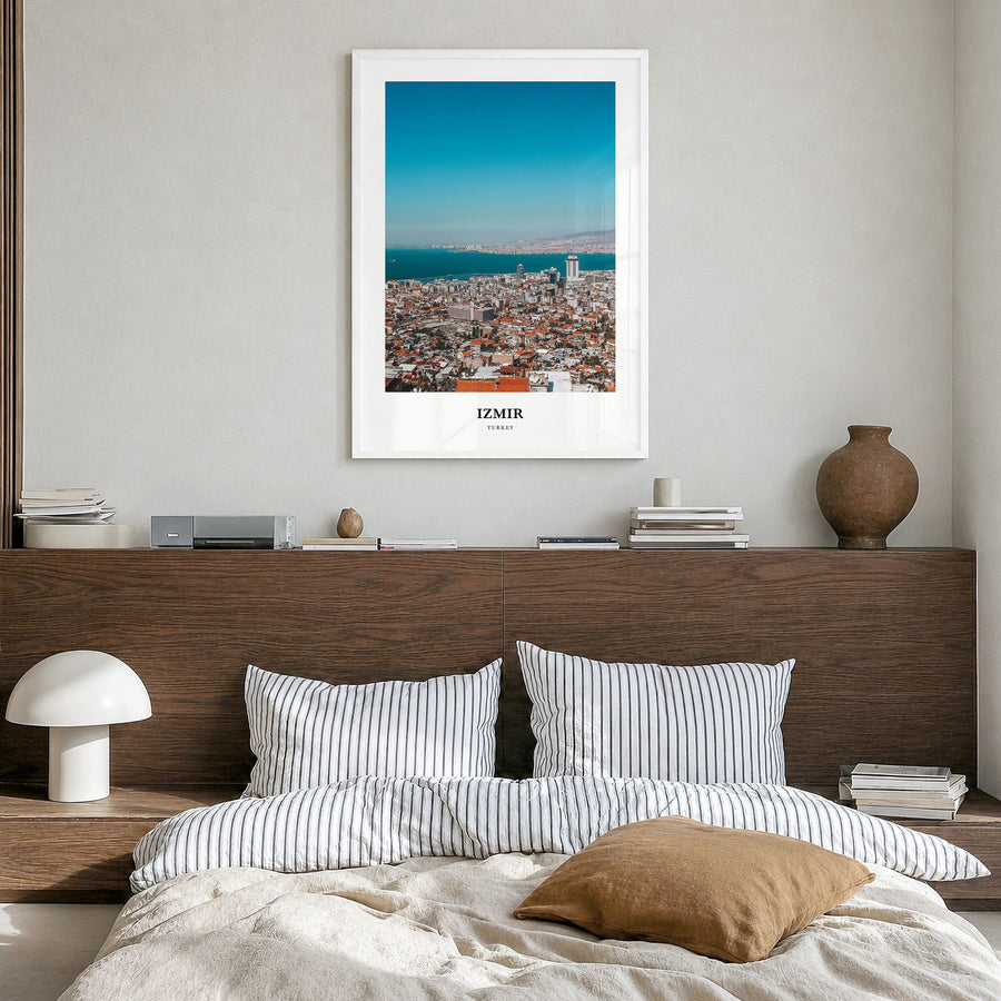 Izmir Classic Poster in a white wood frame, hanging in a bedroom