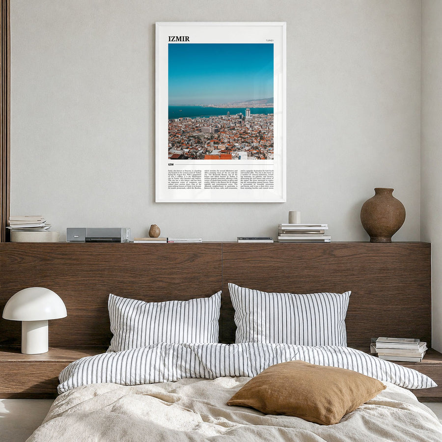 Izmir Travel Poster in a white wood frame, hanging in a bedroom