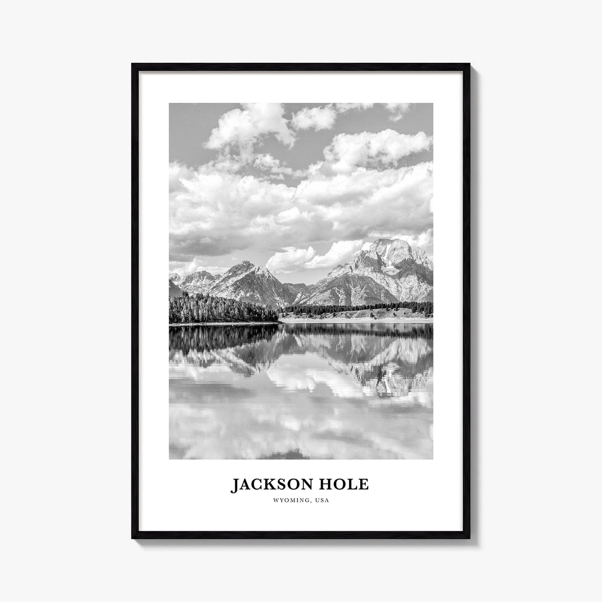 Jackson Hole black & white classic poster of Wyoming, USA – vertical wall art, unframed print shown in interior mockup