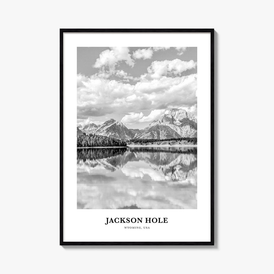 Jackson Hole black & white classic poster of Wyoming, USA – vertical wall art, unframed print shown in interior mockup