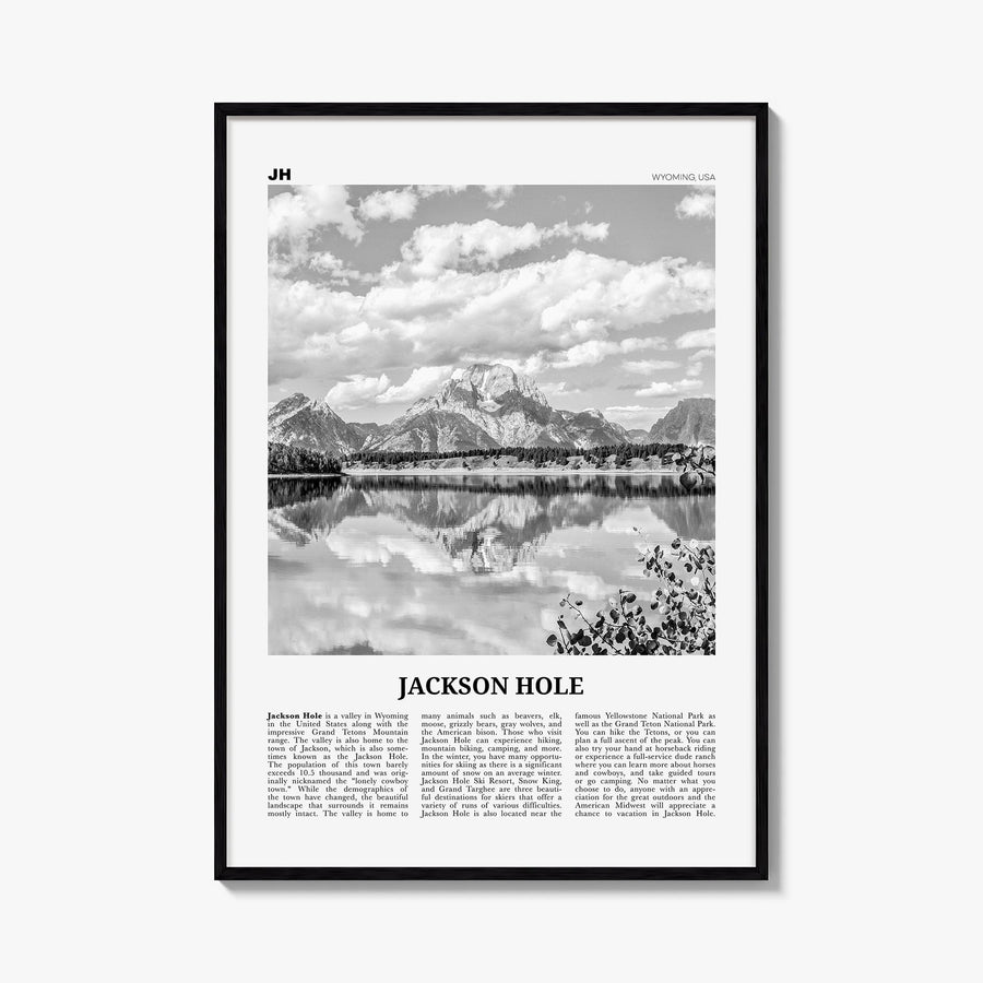 Jackson Hole black & white newspaper poster of Wyoming, USA – vertical wall art, unframed print shown in interior mockup
