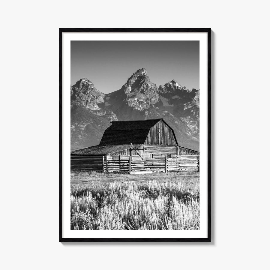 Jackson Hole black & white photo poster of Wyoming, USA – vertical wall art, unframed print shown in interior mockup