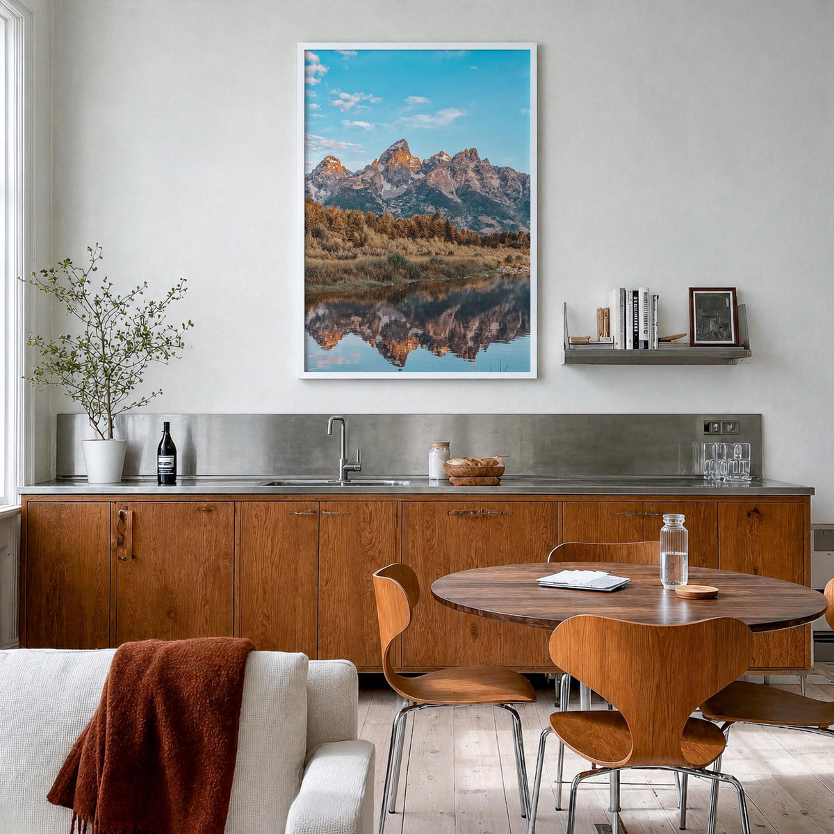 Jackson Hole colorful photo poster of Wyoming, USA – vertical wall art in white wood frame, hanging on wall