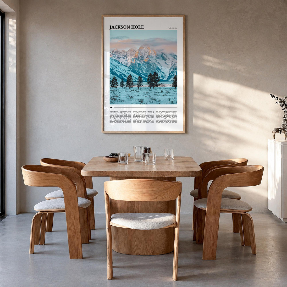 Jackson Hole colorful travel poster of Wyoming, USA – vertical wall art in natural wood frame, hanging on wall