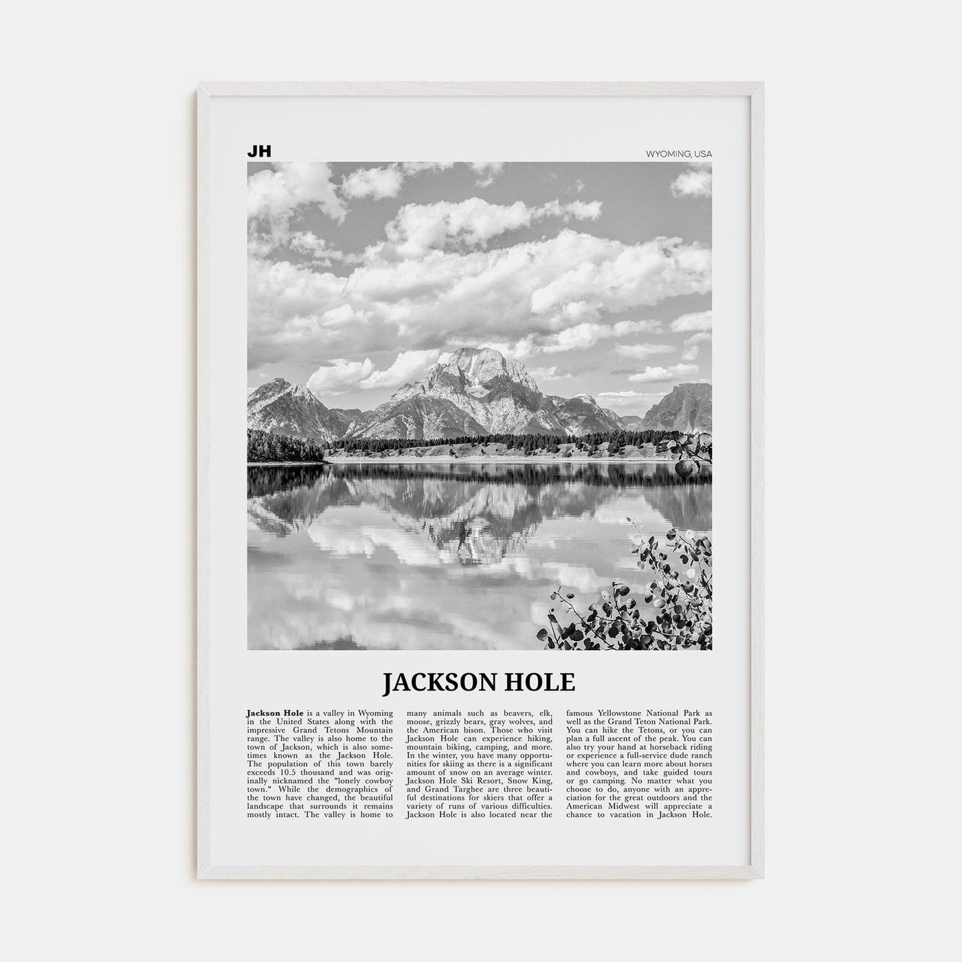 Jackson Hole Poster White Wood / 8x12 in Nbourhood Travel B&W Poster