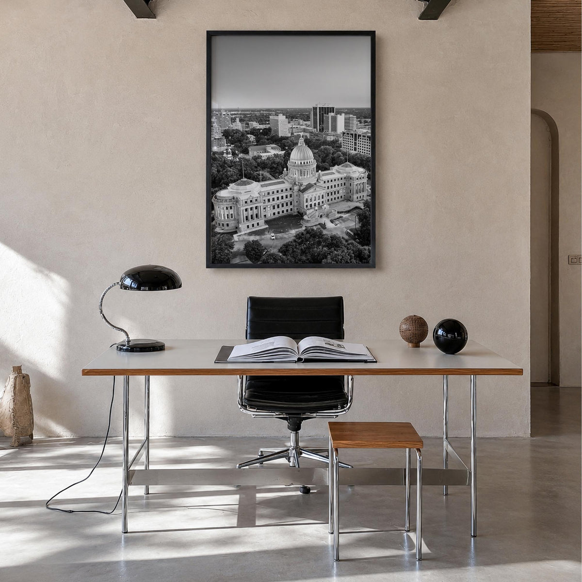 Jackson, Mississippi black & white photo poster of Mississippi, USA – vertical wall art in black wood frame, hanging on wall
