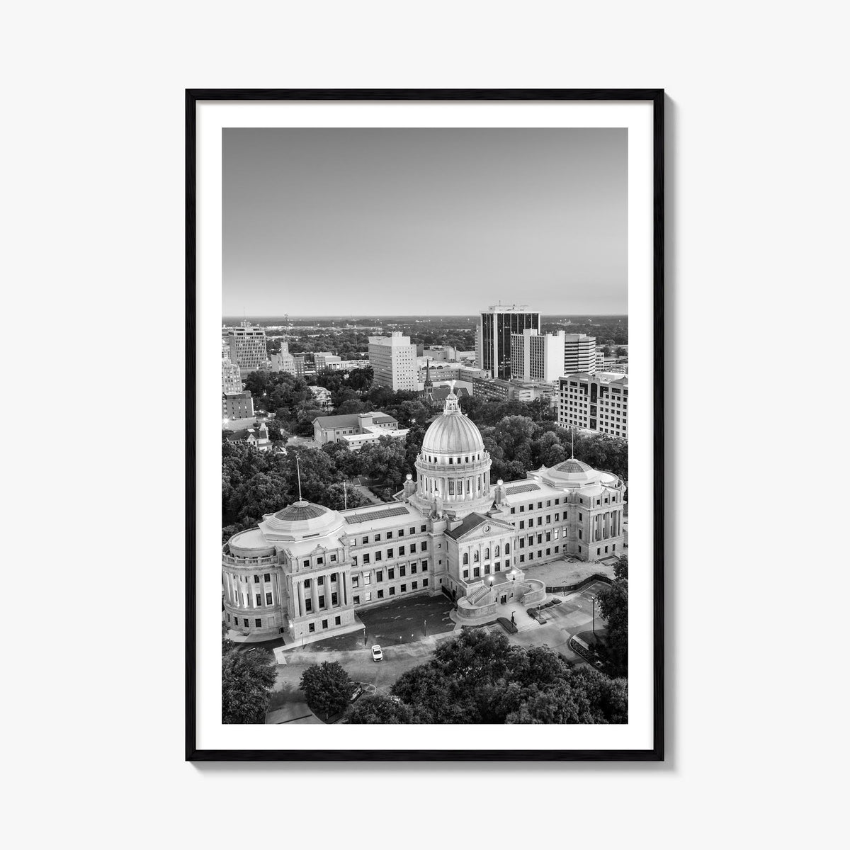 Jackson, Mississippi black & white photo poster of Mississippi, USA – vertical wall art, unframed print shown in interior moc