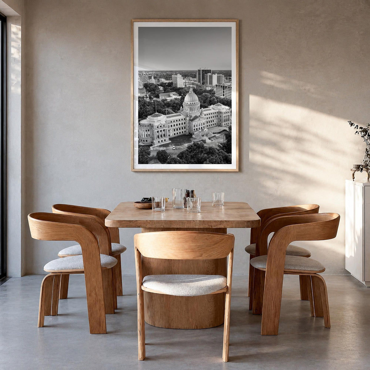 Jackson, Mississippi black & white photo poster of Mississippi, USA – vertical wall art in natural wood frame with white bord