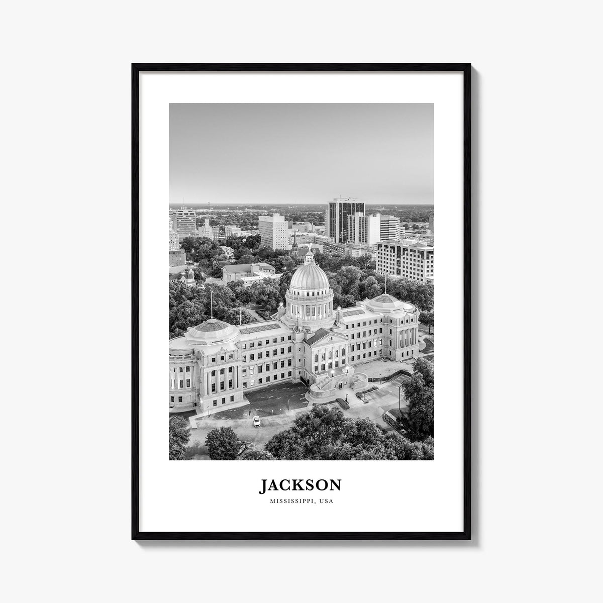 Jackson, Mississippi no. 1 black & white classic poster of Mississippi, USA – vertical wall art, unframed print shown in inte