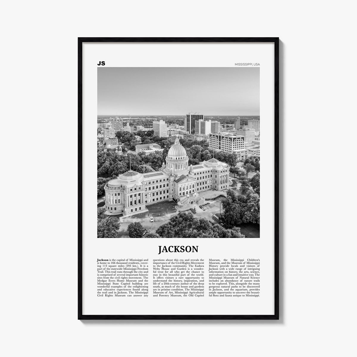 Jackson, Mississippi no. 1 black & white newspaper poster of Mississippi, USA – vertical wall art, unframed print shown in in