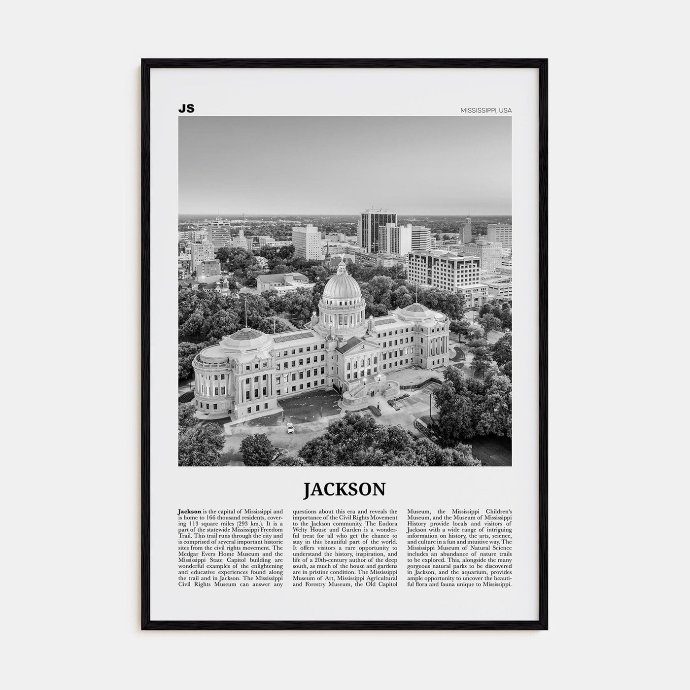 Jackson, Mississippi No 1 Poster Black Wood / 8x12 in Nbourhood Travel B&W Poster