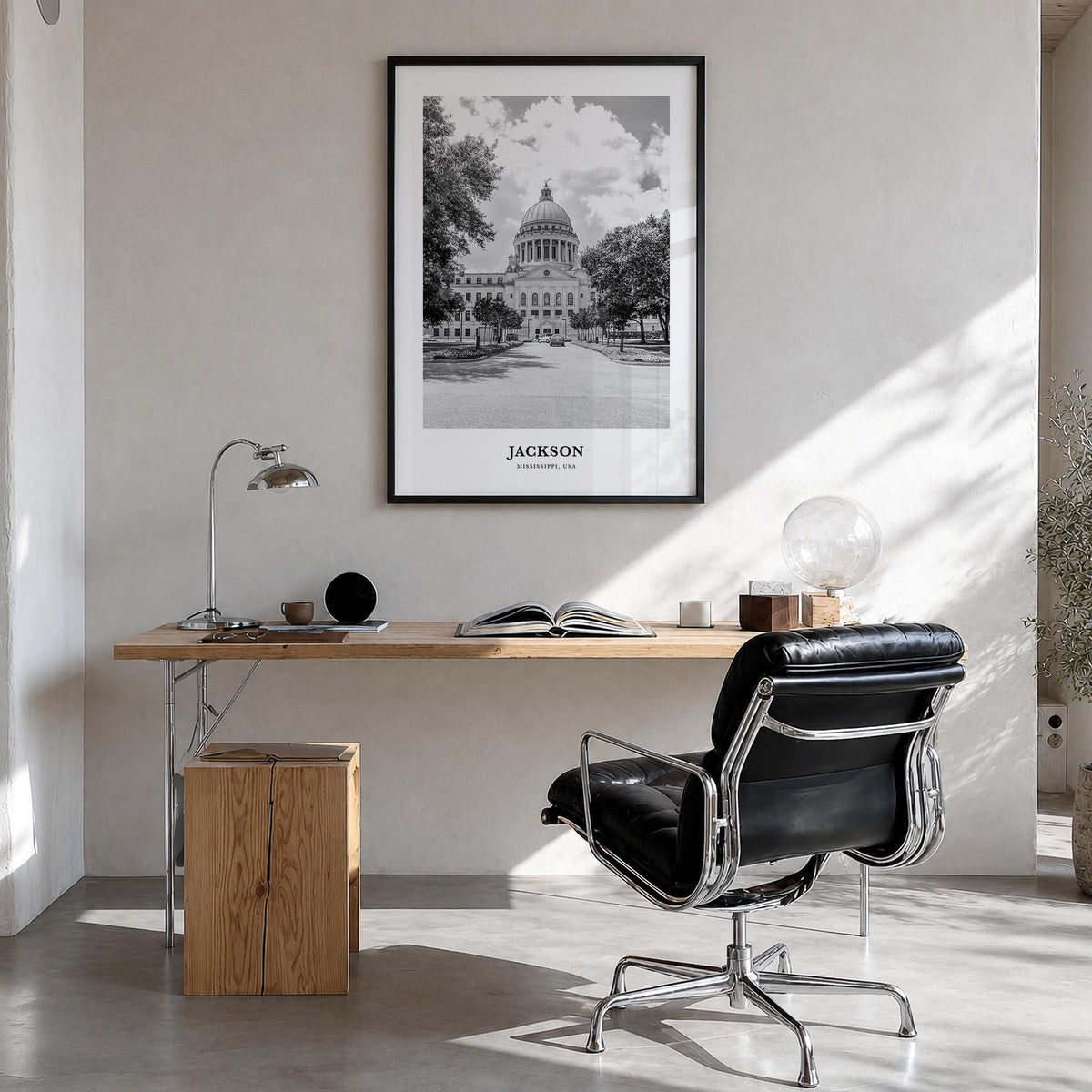 Jackson, Mississippi no. 2 black & white classic poster of Mississippi, USA – vertical wall art in black wood frame, hanging 