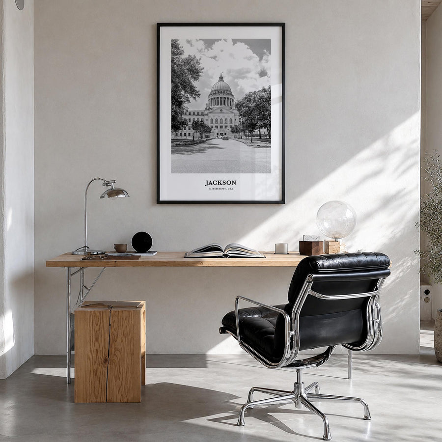 Jackson, Mississippi no. 2 black & white classic poster of Mississippi, USA – vertical wall art in black wood frame, hanging 