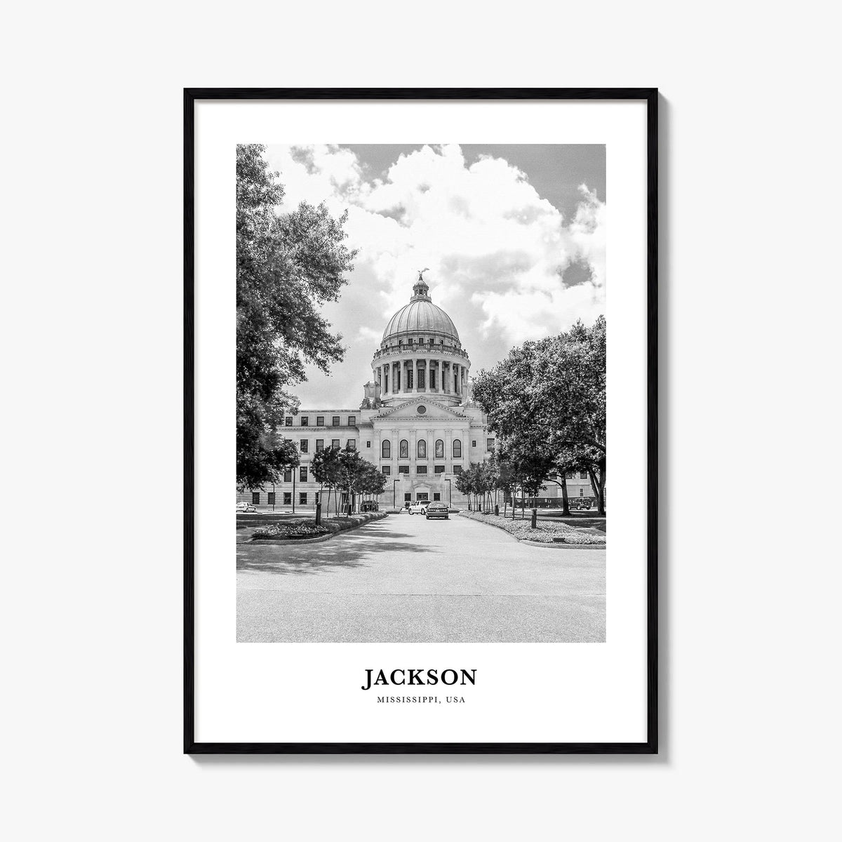 Jackson, Mississippi no. 2 black & white classic poster of Mississippi, USA – vertical wall art, unframed print shown in inte