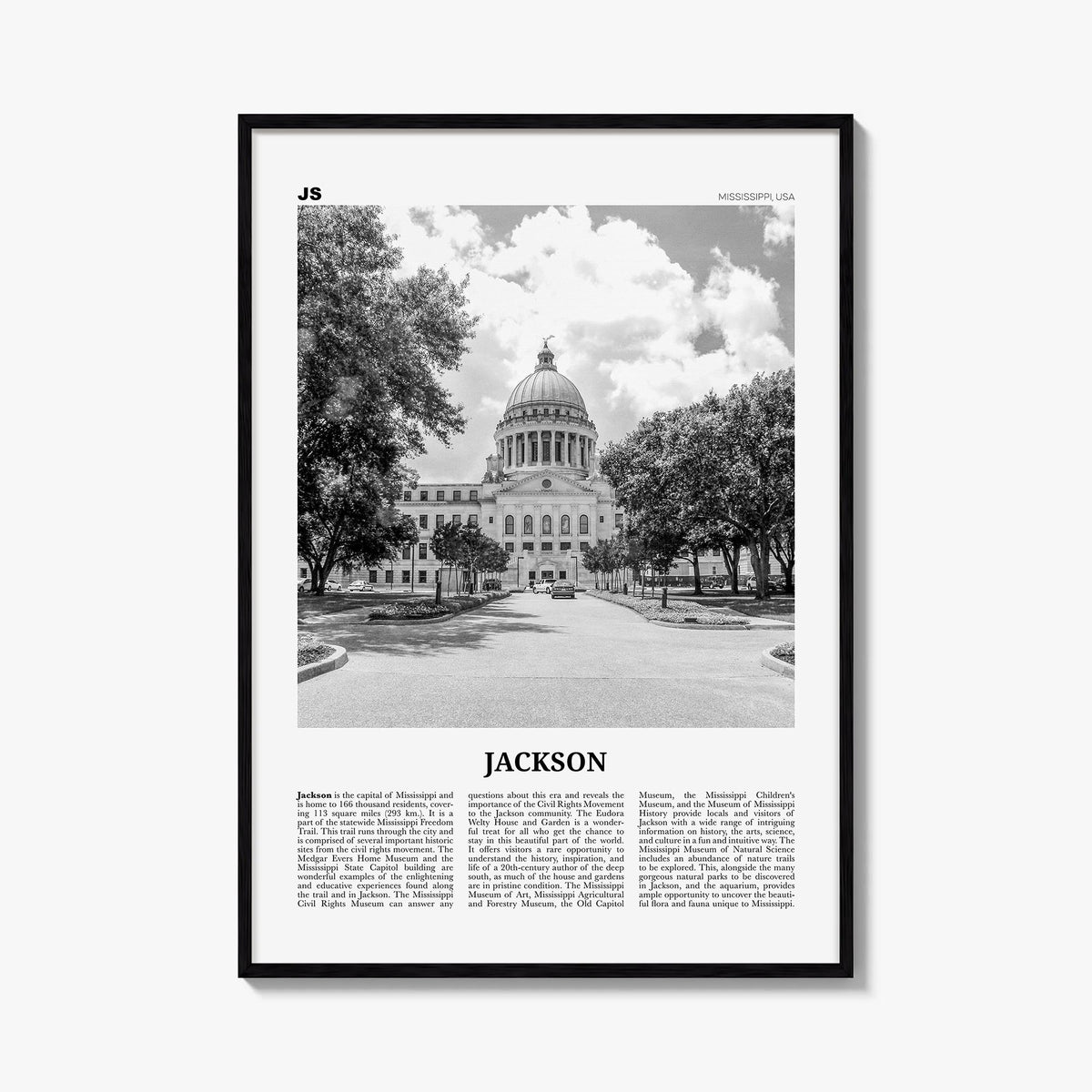 Jackson, Mississippi no. 2 black & white newspaper poster of Mississippi, USA – vertical wall art, unframed print shown in in