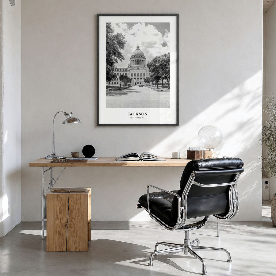 Jackson, Mississippi Classic No 2 Poster in a black wood frame, hanging in a bright home office