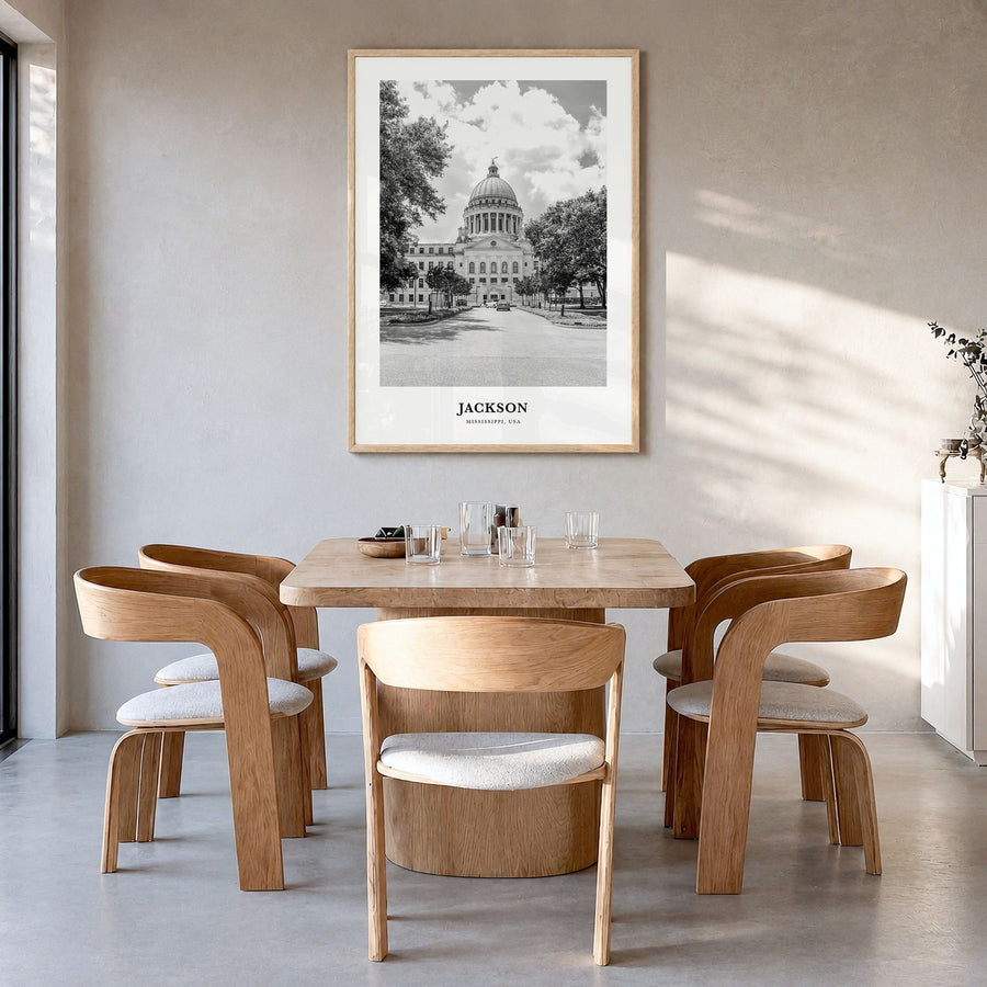Jackson, Mississippi Classic No 2 Poster in a natural wood frame, hanging in a dining room