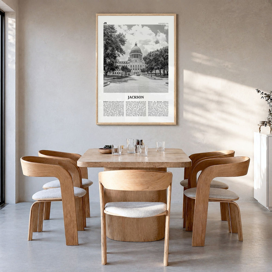 Jackson, Mississippi Newspaper No 2 Poster in a natural wood frame, hanging in a dining room