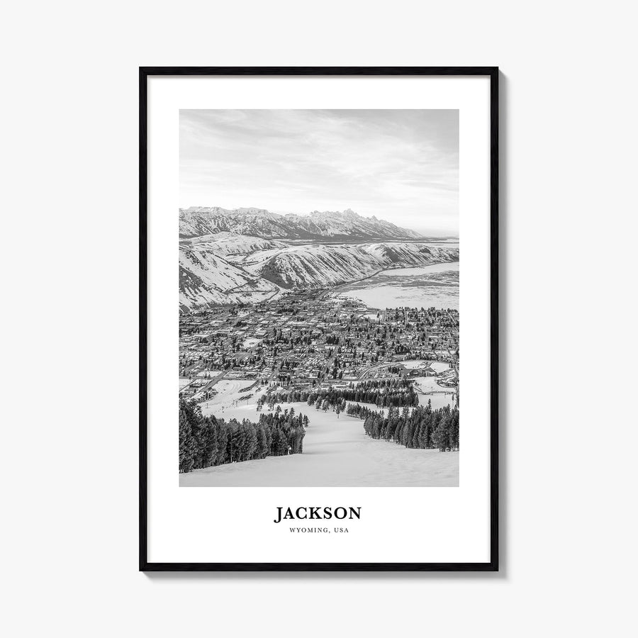 Jackson, Wyoming black & white classic poster of Wyoming, USA – vertical wall art, unframed print shown in interior mockup