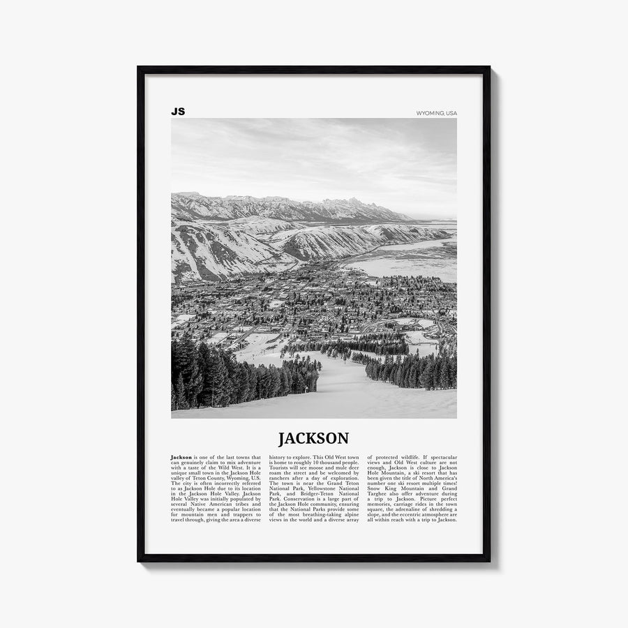 Jackson, Wyoming black & white newspaper poster of Wyoming, USA – vertical wall art, unframed print shown in interior mockup