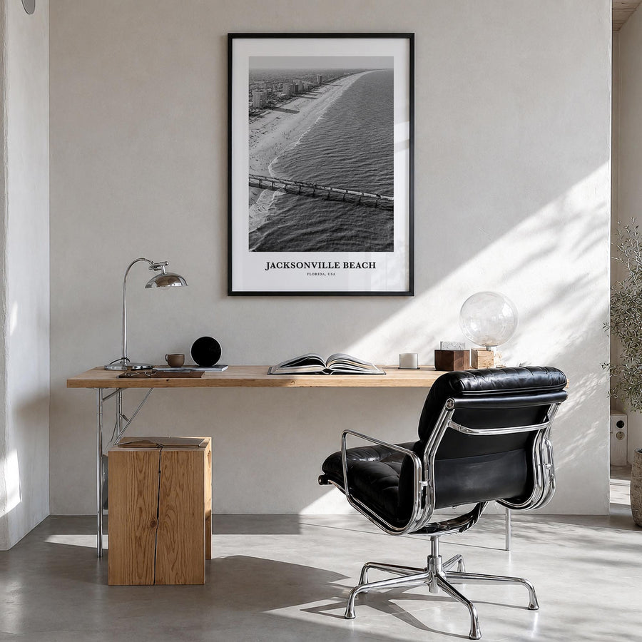 Jacksonville Beach black & white classic poster of Florida, USA – vertical wall art in black wood frame, hanging on wall