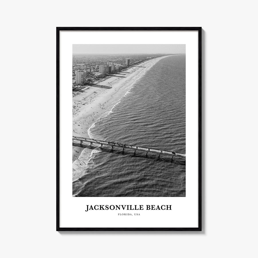 Jacksonville Beach black & white classic poster of Florida, USA – vertical wall art, unframed print shown in interior mockup