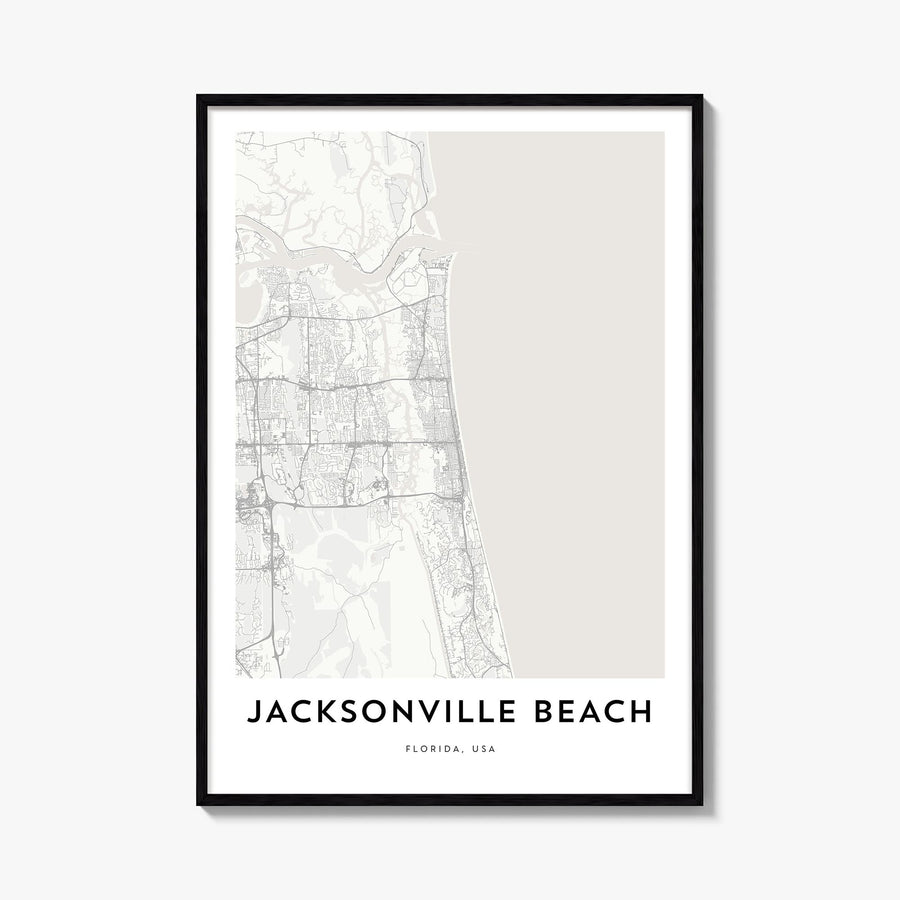 Jacksonville Beach black & white map poster of Florida, USA – vertical wall art, unframed print shown in interior mockup