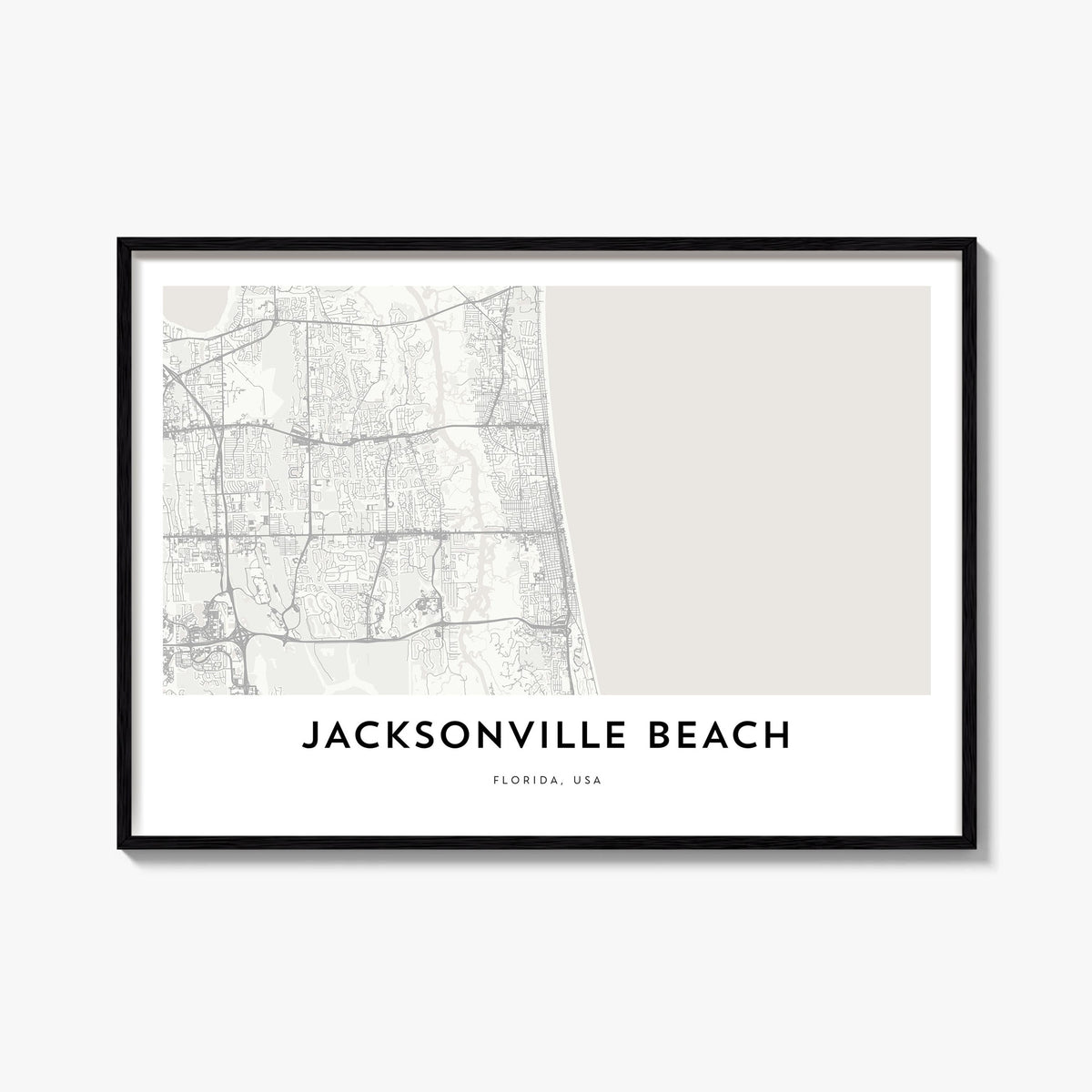 Jacksonville Beach black & white map poster of Florida, USA – horizontal wall art, unframed print shown in interior mockup