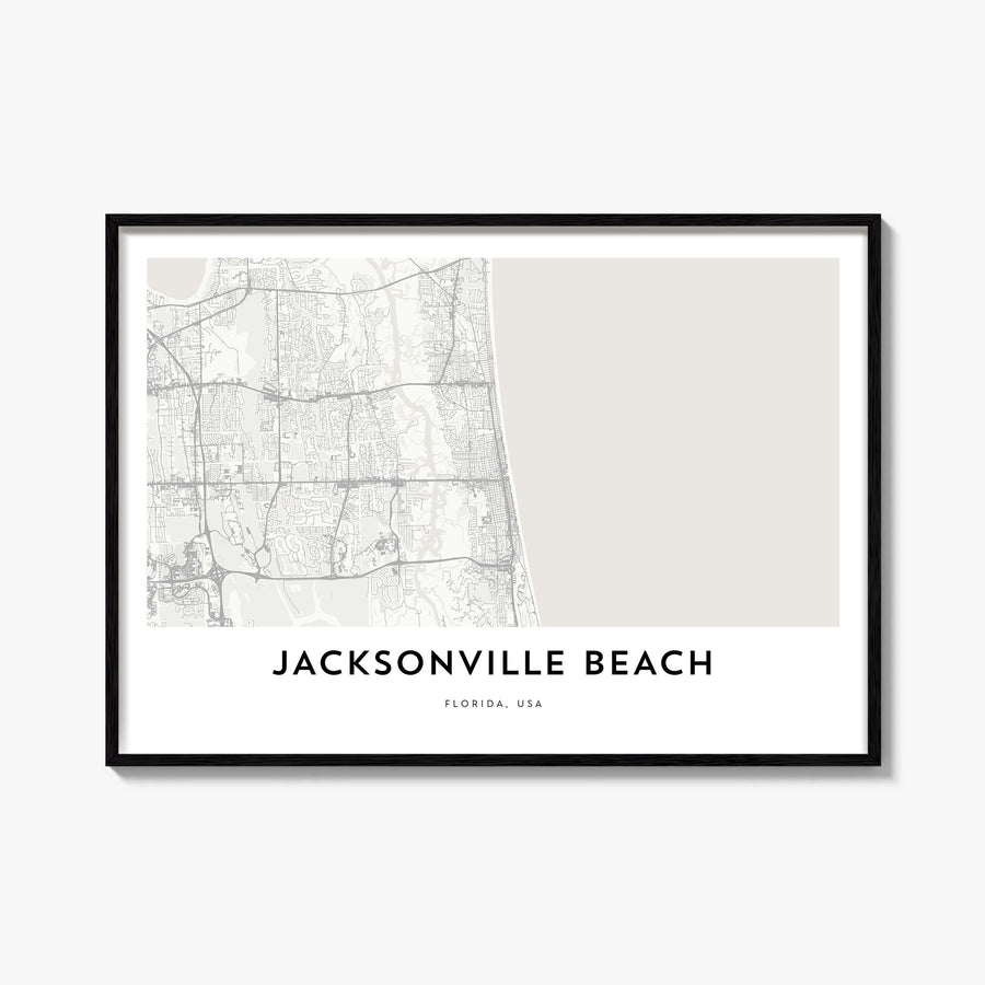 Jacksonville Beach black & white map poster of Florida, USA – horizontal wall art, unframed print shown in interior mockup