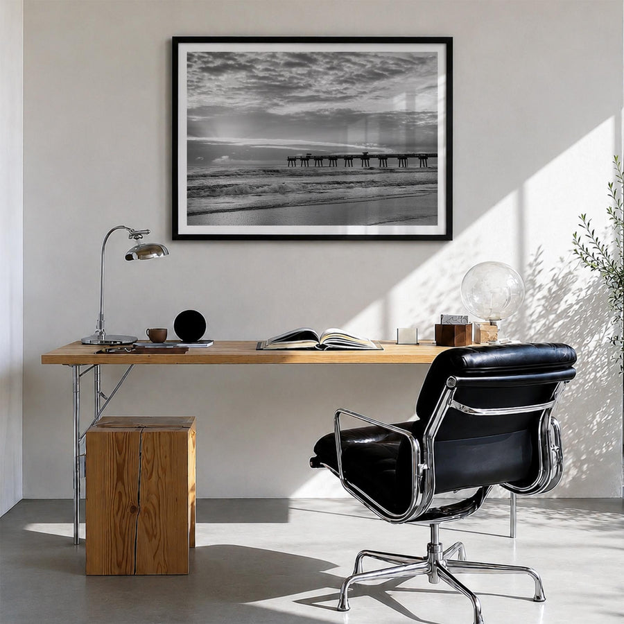Jacksonville Beach black & white photo poster of Florida, USA – horizontal wall art in black wood frame with white border, ha