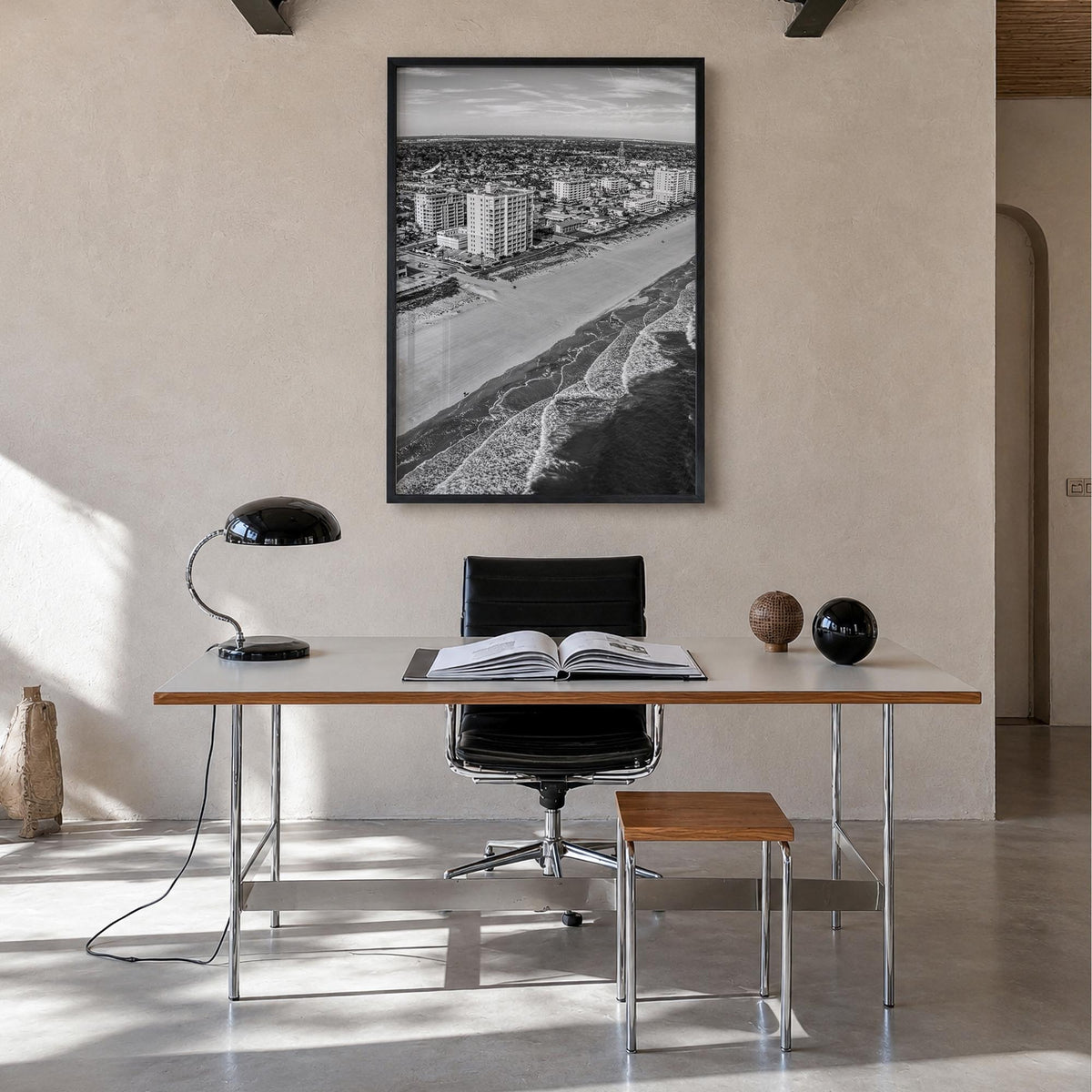 Jacksonville Beach black & white photo poster of Florida, USA – vertical wall art in black wood frame, hanging on wall