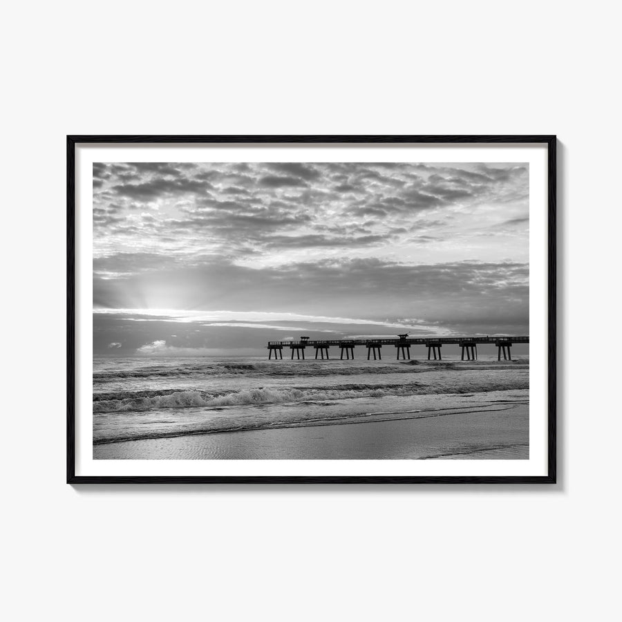Jacksonville Beach black & white photo poster of Florida, USA – horizontal wall art, unframed print shown in interior mockup