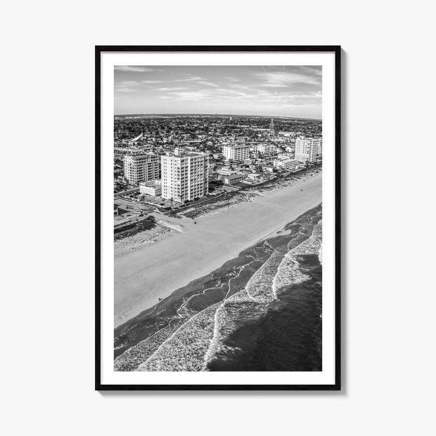 Jacksonville Beach black & white photo poster of Florida, USA – vertical wall art, unframed print shown in interior mockup