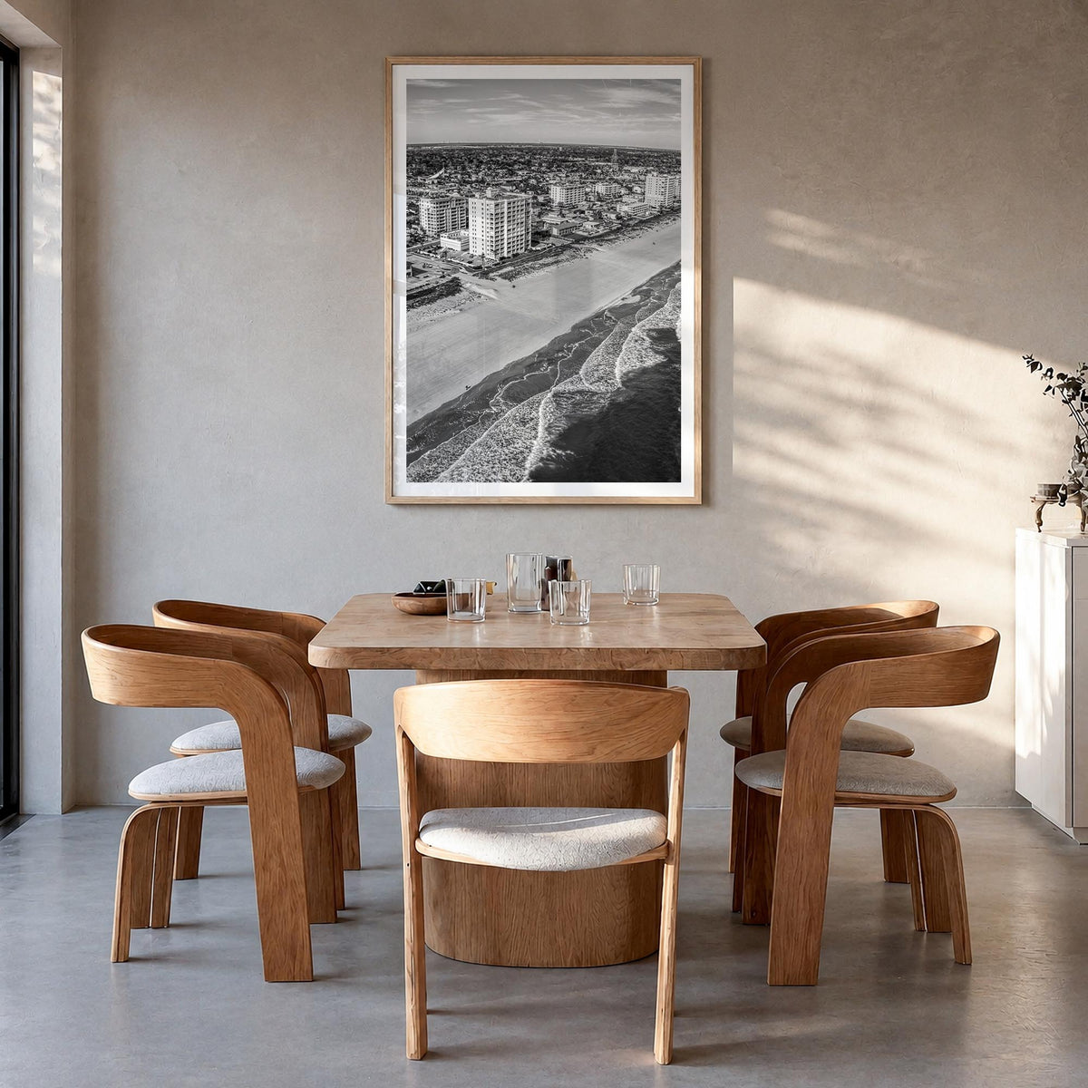 Jacksonville Beach black & white photo poster of Florida, USA – vertical wall art in natural wood frame with white border, ha