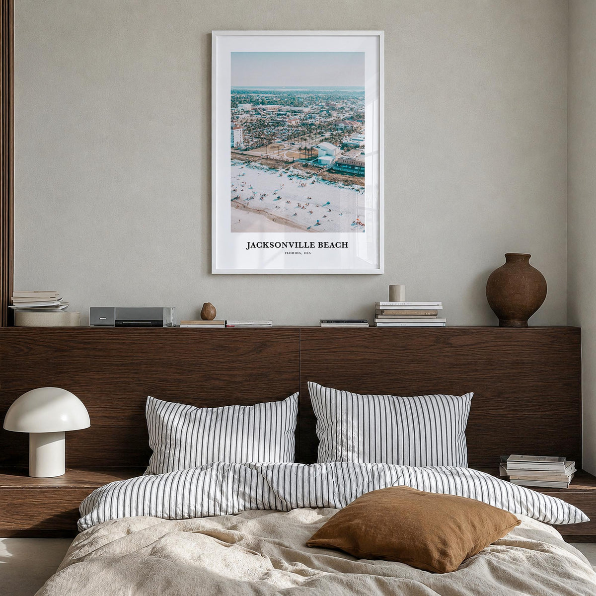 Jacksonville Beach colorful classic poster of Florida, USA – vertical wall art in white wood frame, hanging on wall