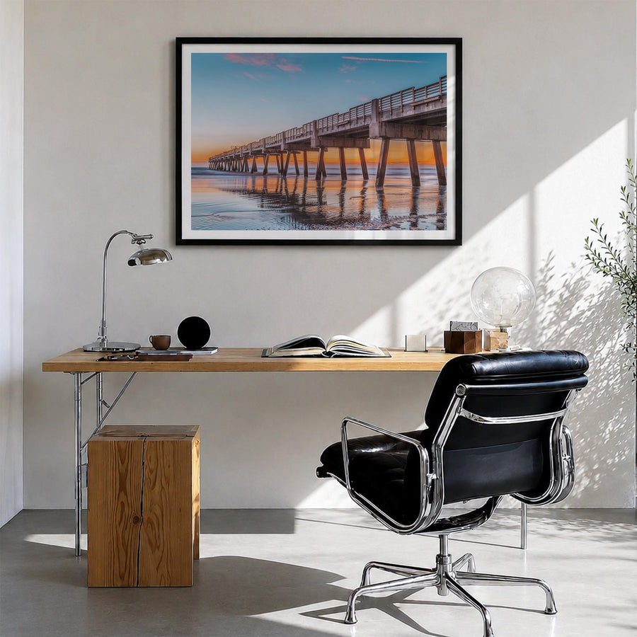 Jacksonville Beach colorful photo poster of Florida, USA – horizontal wall art in black wood frame with white border, hanging