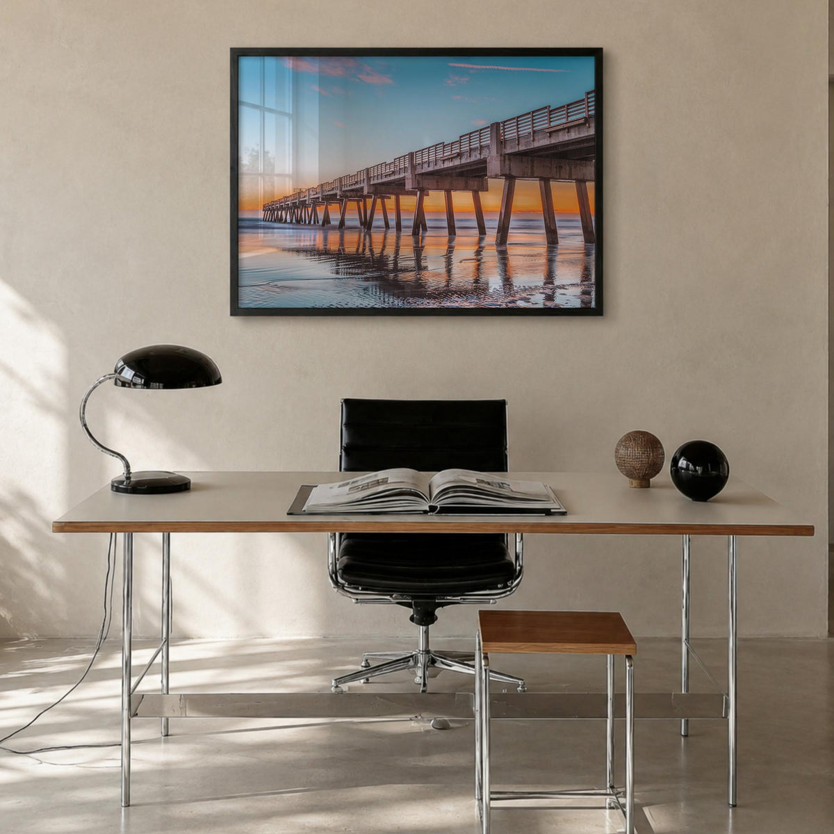 Jacksonville Beach colorful photo poster of Florida, USA – horizontal wall art in black wood frame, hanging on wall