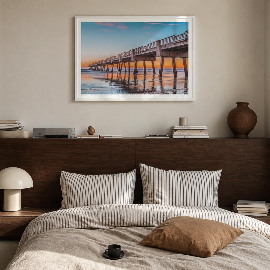 Jacksonville Beach colorful photo poster of Florida, USA – horizontal wall art in white wood frame with white border, hanging