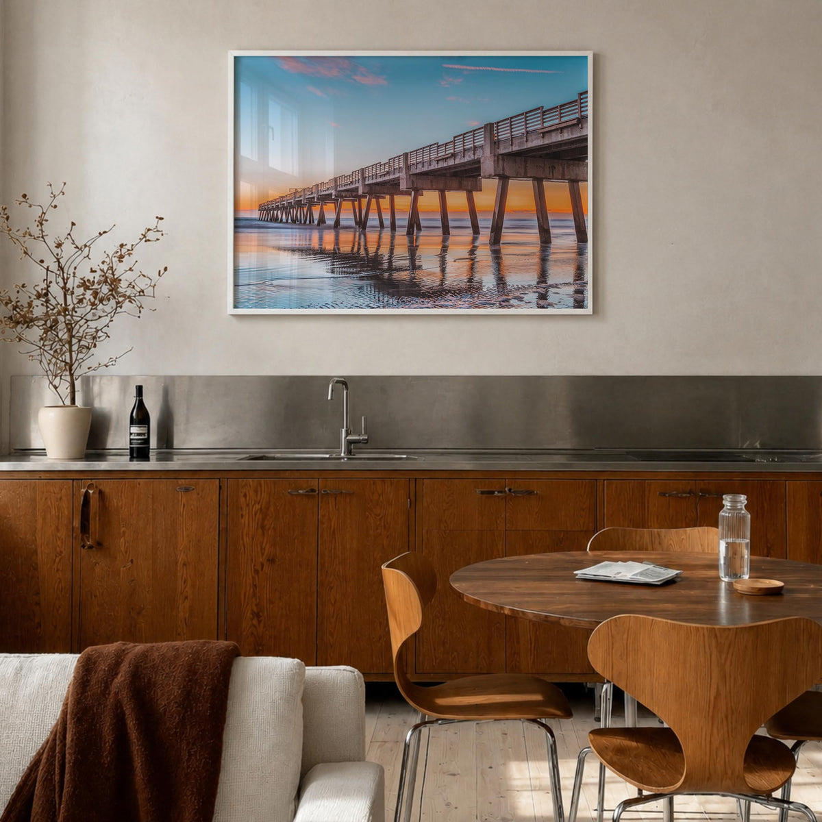 Jacksonville Beach colorful photo poster of Florida, USA – horizontal wall art in white wood frame, hanging on wall