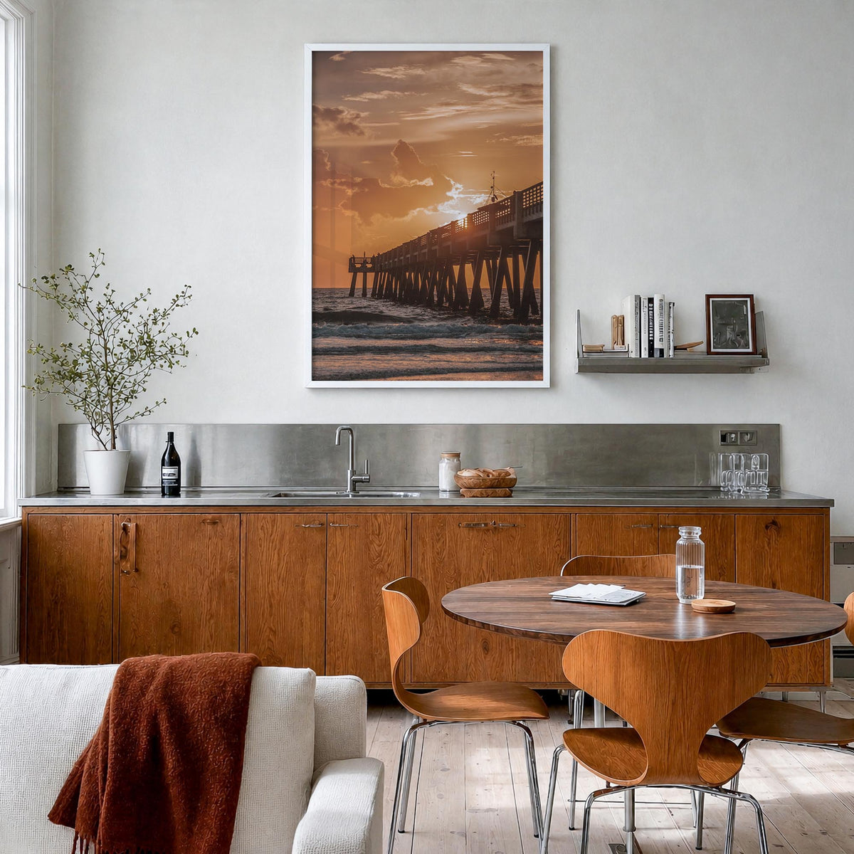 Jacksonville Beach no. 2 colorful photo poster of Florida, USA – vertical wall art in white wood frame, hanging on wall