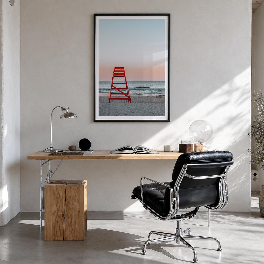 Jacksonville Beach no. 3 colorful photo poster of Florida, USA – vertical wall art in black wood frame with white border, han