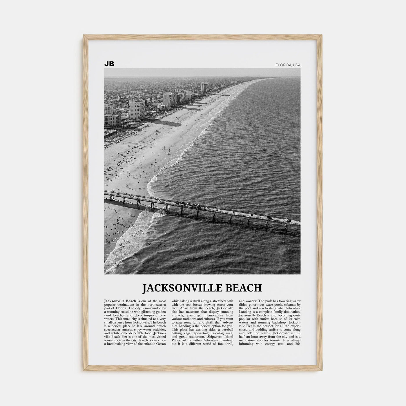 Jacksonville Beach Poster Natural Wood / 8x12 in Nbourhood Travel B&W Poster