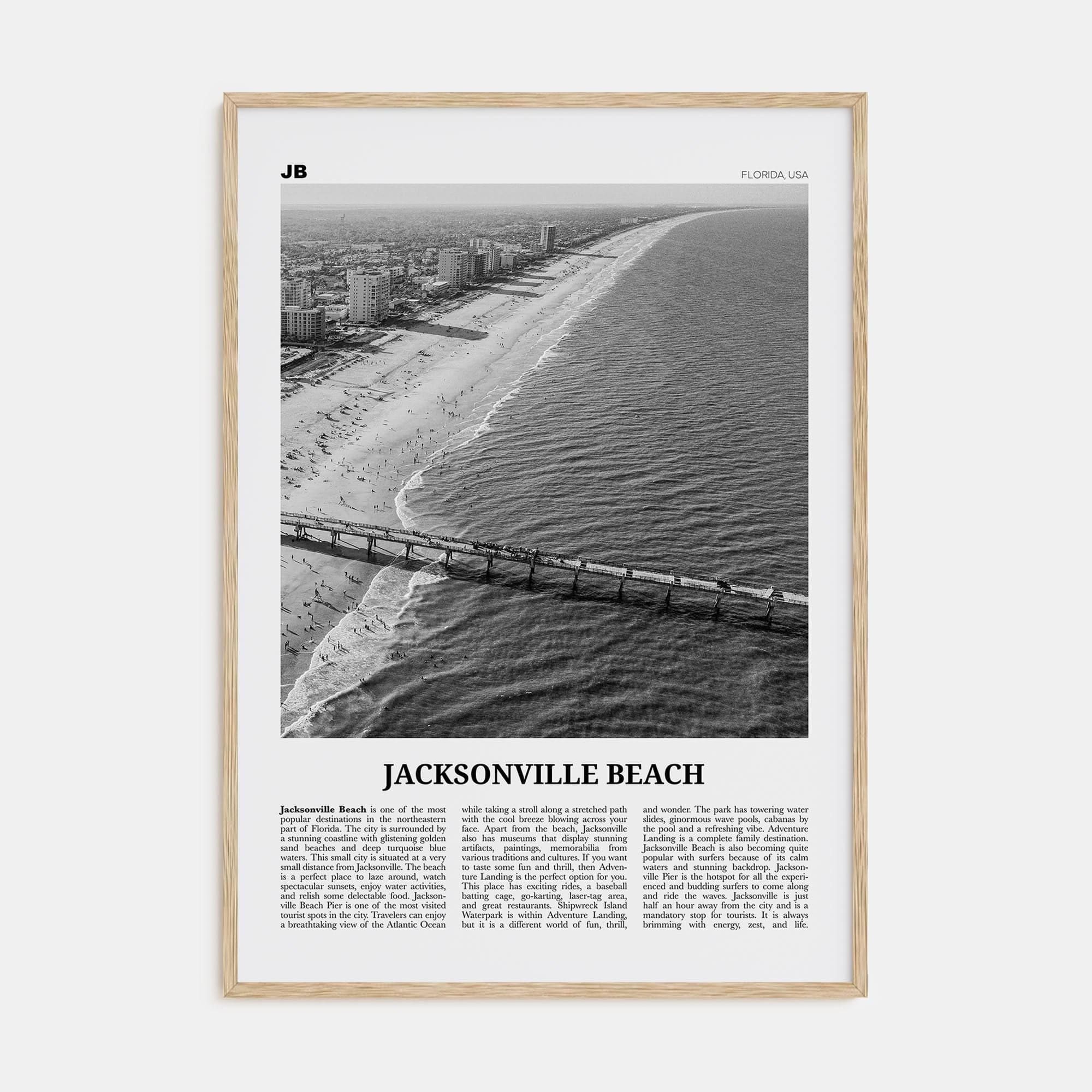 Jacksonville Beach Poster Natural Wood / 8x12 in Nbourhood Travel B&W Poster