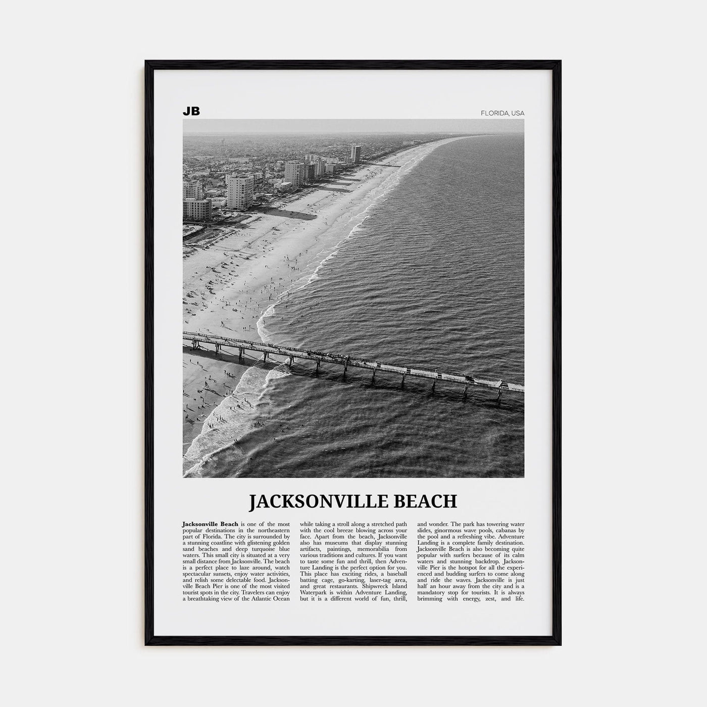 Jacksonville Beach Poster Black Wood / 8x12 in Nbourhood Travel B&W Poster