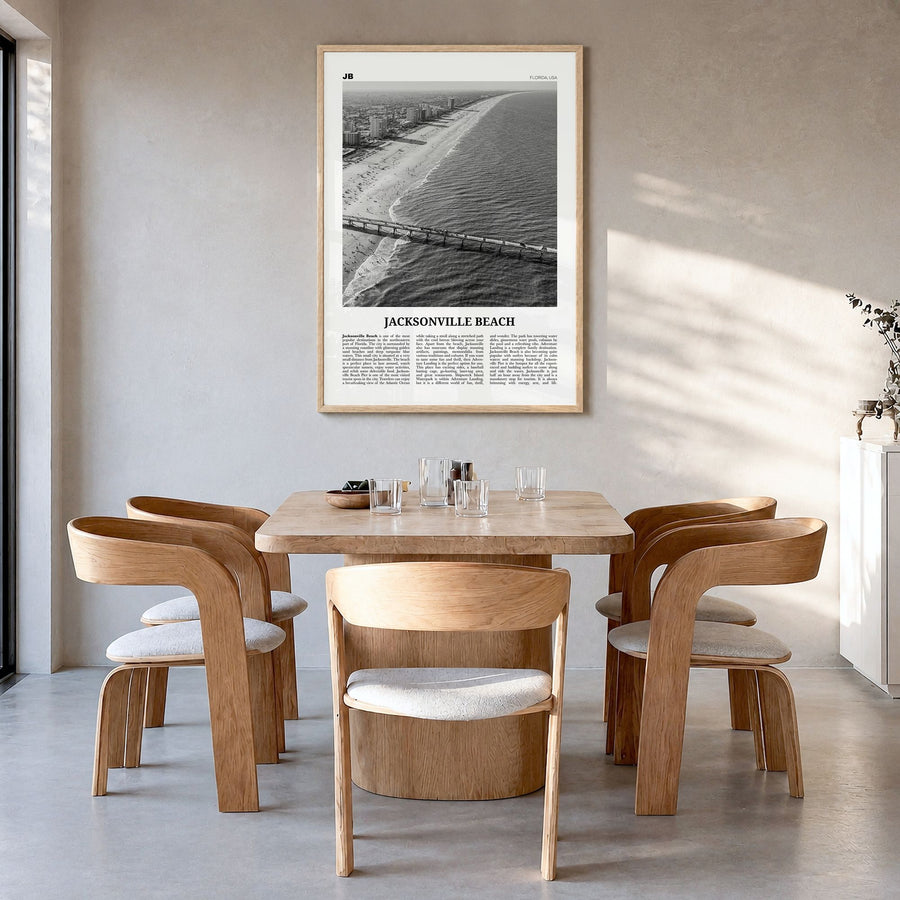 Jacksonville Beach Newspaper Poster in a natural wood frame, hanging in a dining room