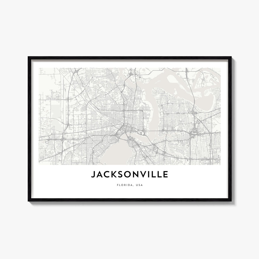 Jacksonville black & white map poster of Florida, USA – horizontal wall art, unframed print shown in interior mockup