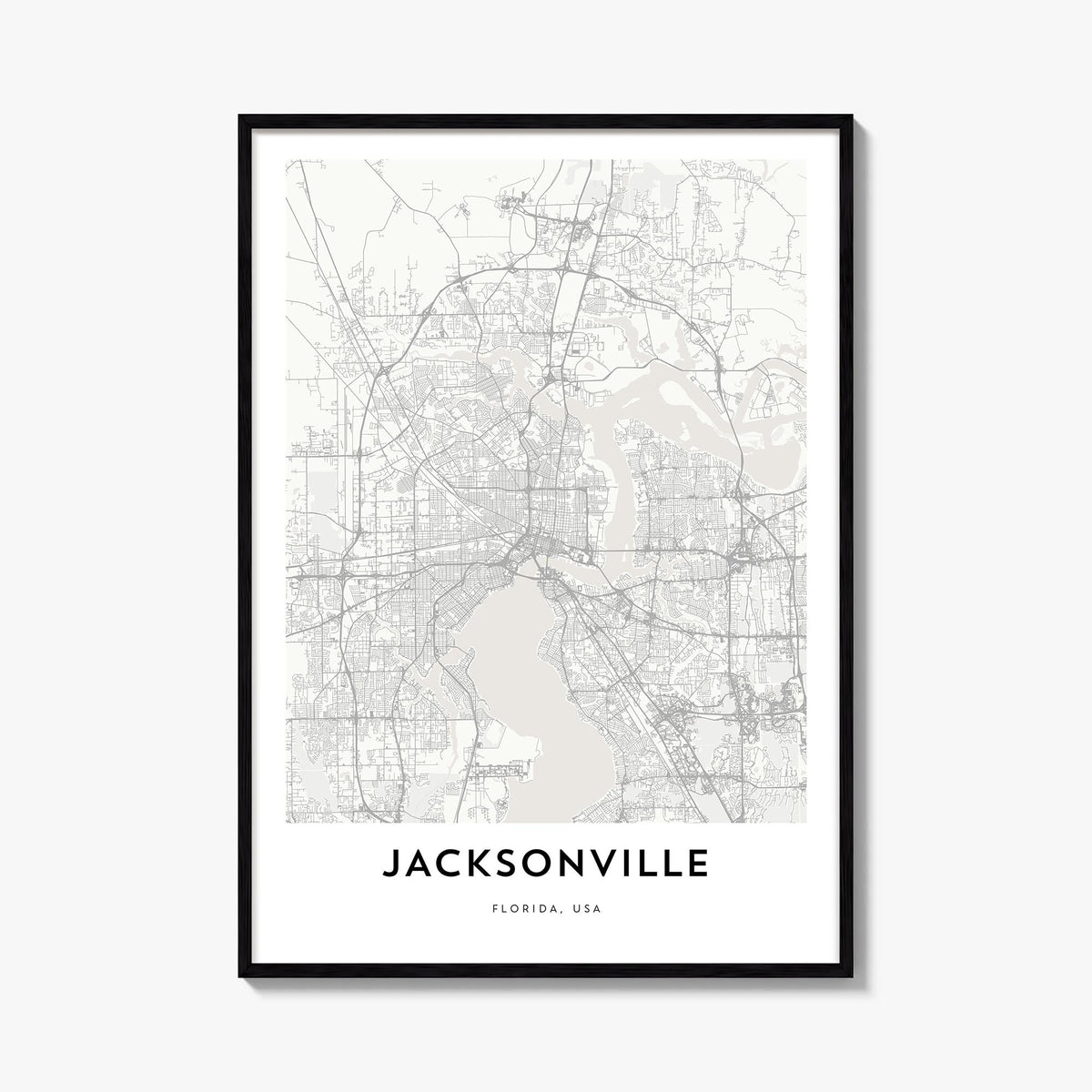 Jacksonville black & white map poster of Florida, USA – vertical wall art, unframed print shown in interior mockup