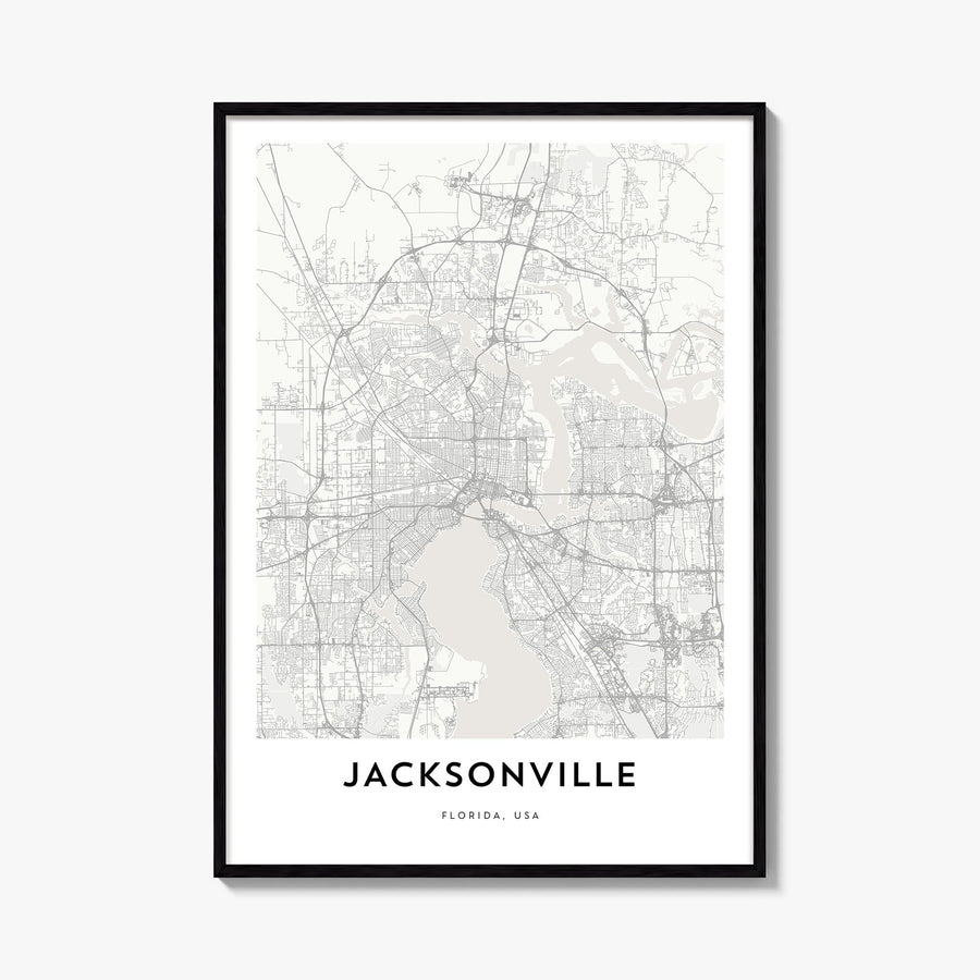 Jacksonville black & white map poster of Florida, USA – vertical wall art, unframed print shown in interior mockup
